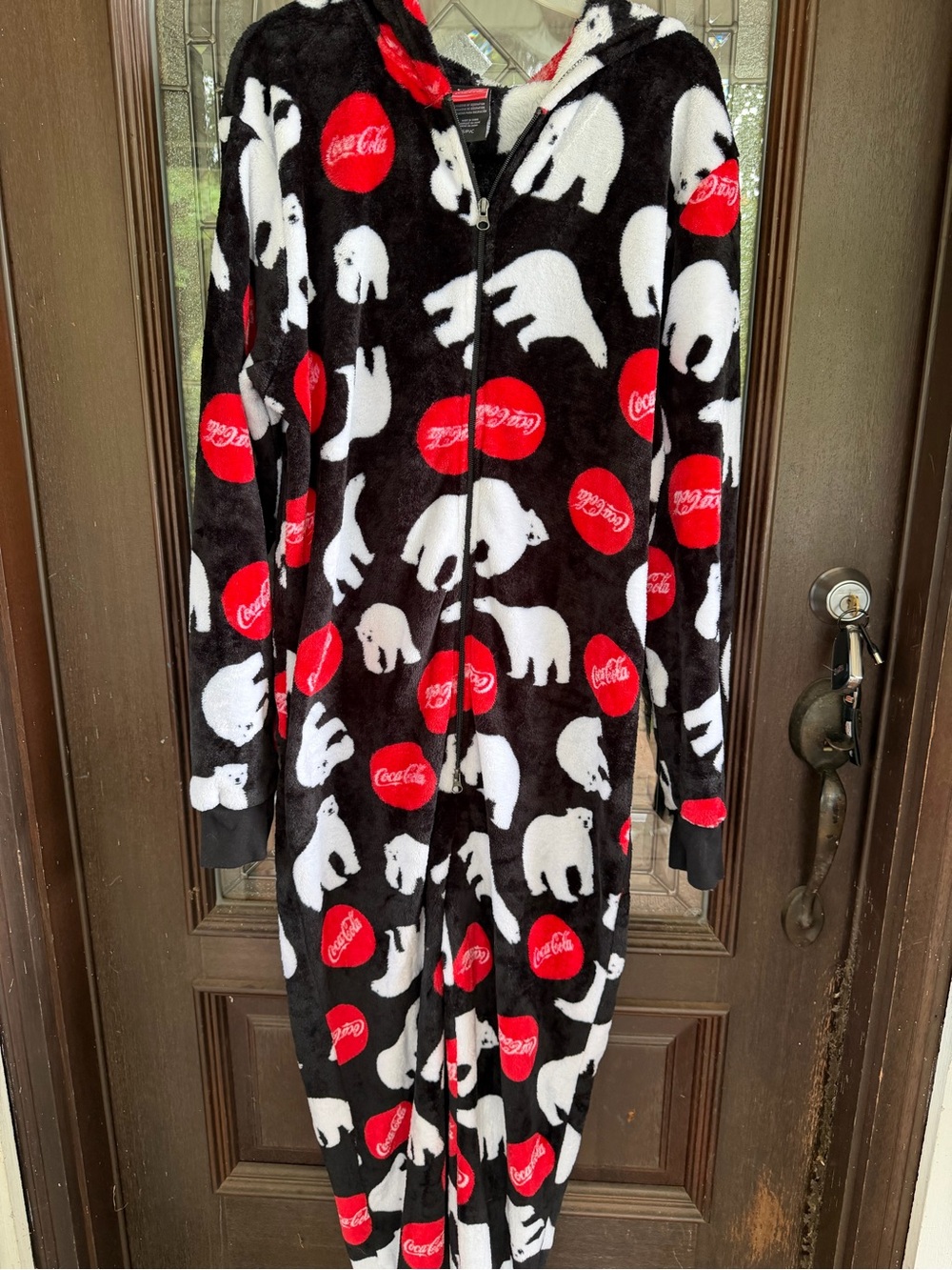 Coca Cola Black Fleece Polar Bear Hooded Onesie with Red Logo Dots